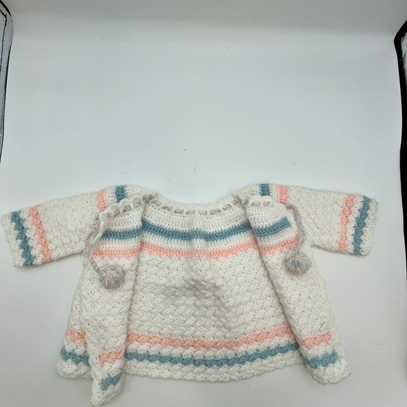 Handmade Crochet Baby Cardigan Sweater Jacket White Pink Blue Infant Knit READ - Picture 5 of 9
